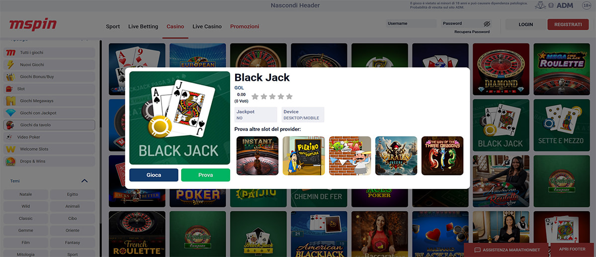 Dettaglio di uno dei giochi di blackjack di Marathonbet