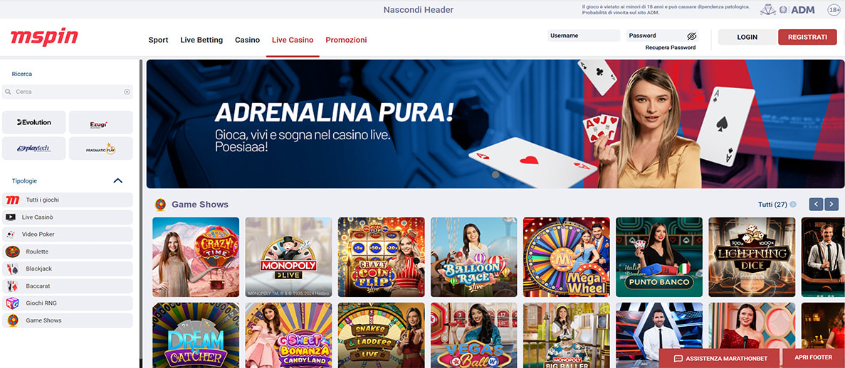 Una panoramica dei giochi del casinò live di Marathonbet