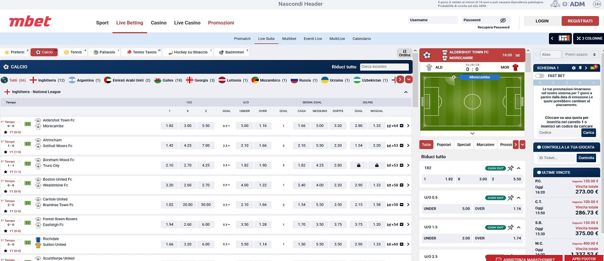 L’homepage della sezione sport di Marathonbet