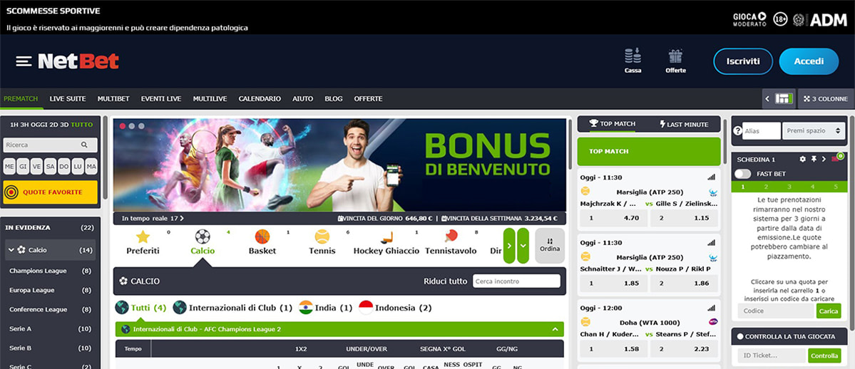 L’homepage della sezione sport di NetBet