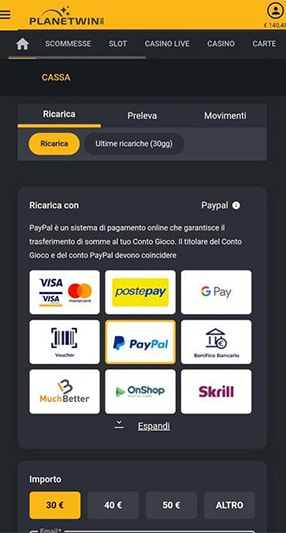 pagina di deposito con PayPal di Planetwin365