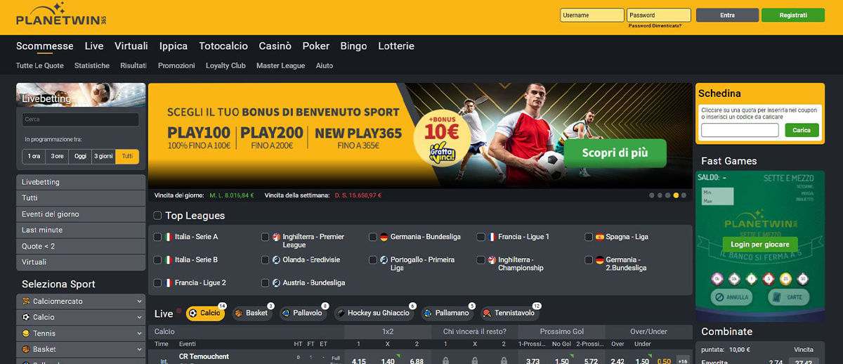 L’homepage della sezione sport di Planetwin365
