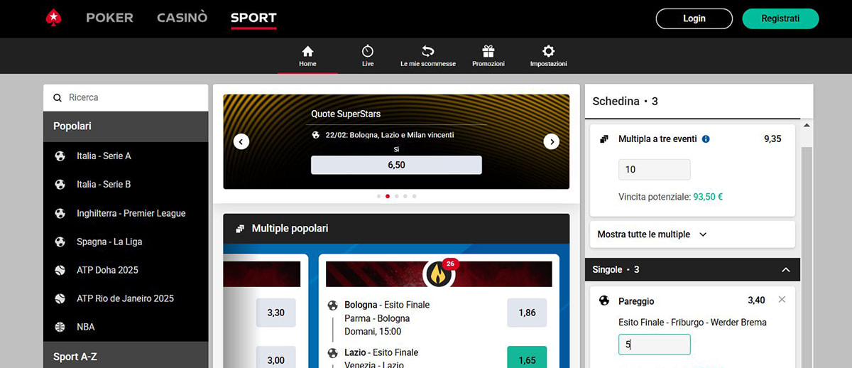 L’homepage della sezione sport di PokerStars