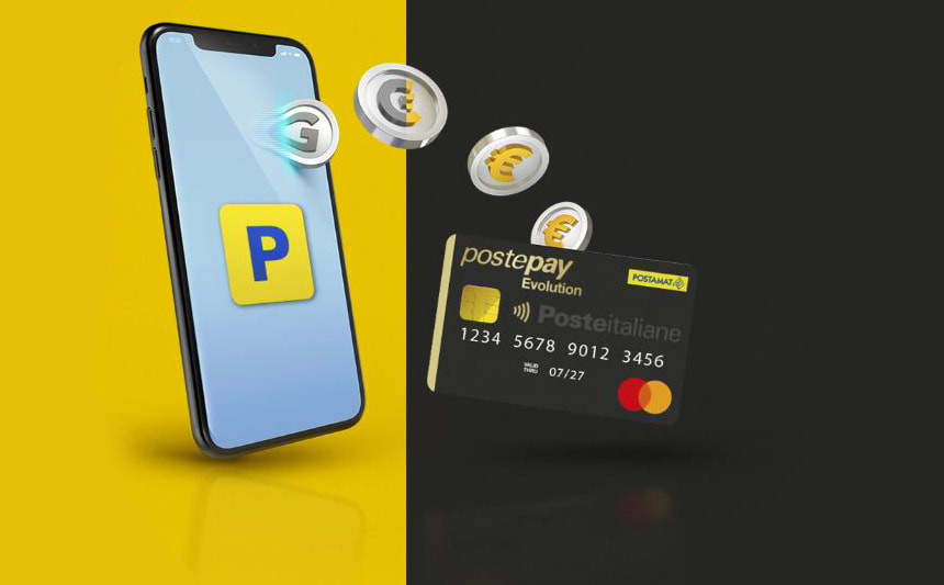 Una carta Postepay Evolution, uno smartphone e monete, per simbolizzare il servizio Postepay Connect.