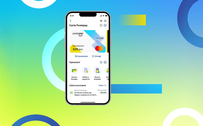 Uno smartphone con la carta virtuale ricaricabile Postepay Digital.
