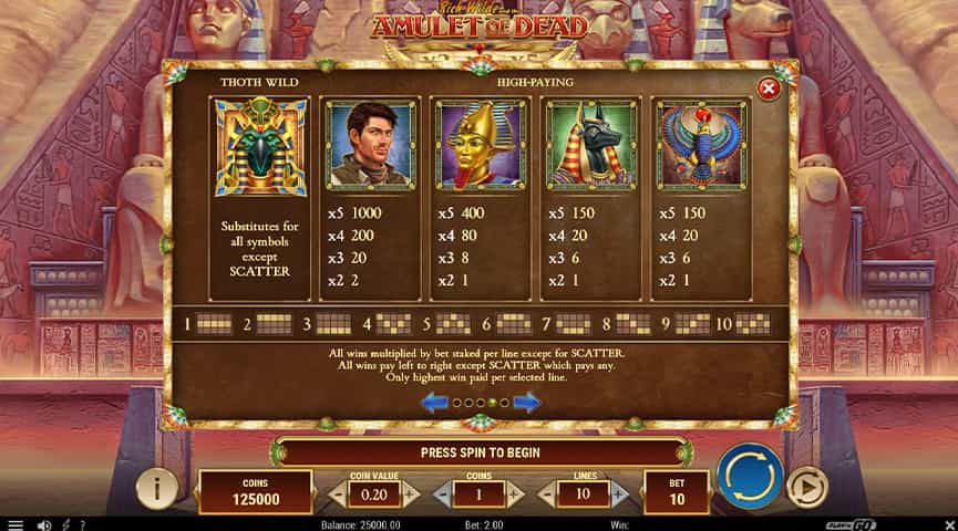 La tabella dei pagamenti della slot Rich Wilde and the Amulet of Dead