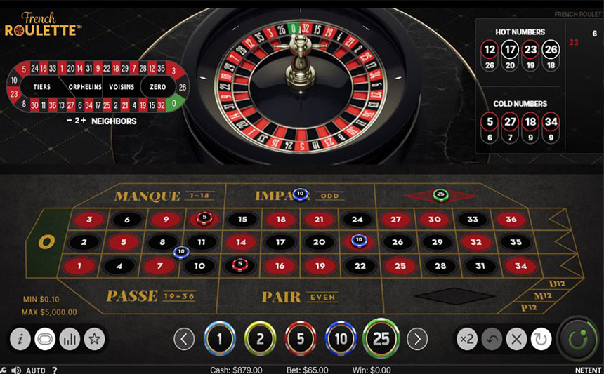 Una partita con la Roulette Francese di NetEnt, con area puntate e racetrack.