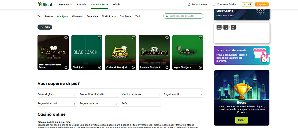 Una panoramica dei giochi di blackjack di Sisal