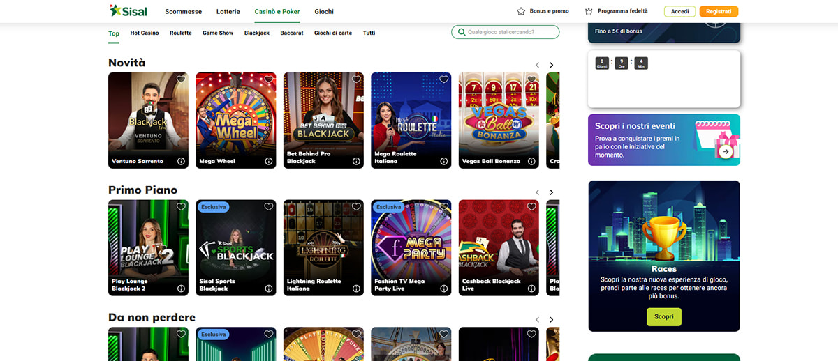 Una panoramica dei giochi del casinò live di Sisal