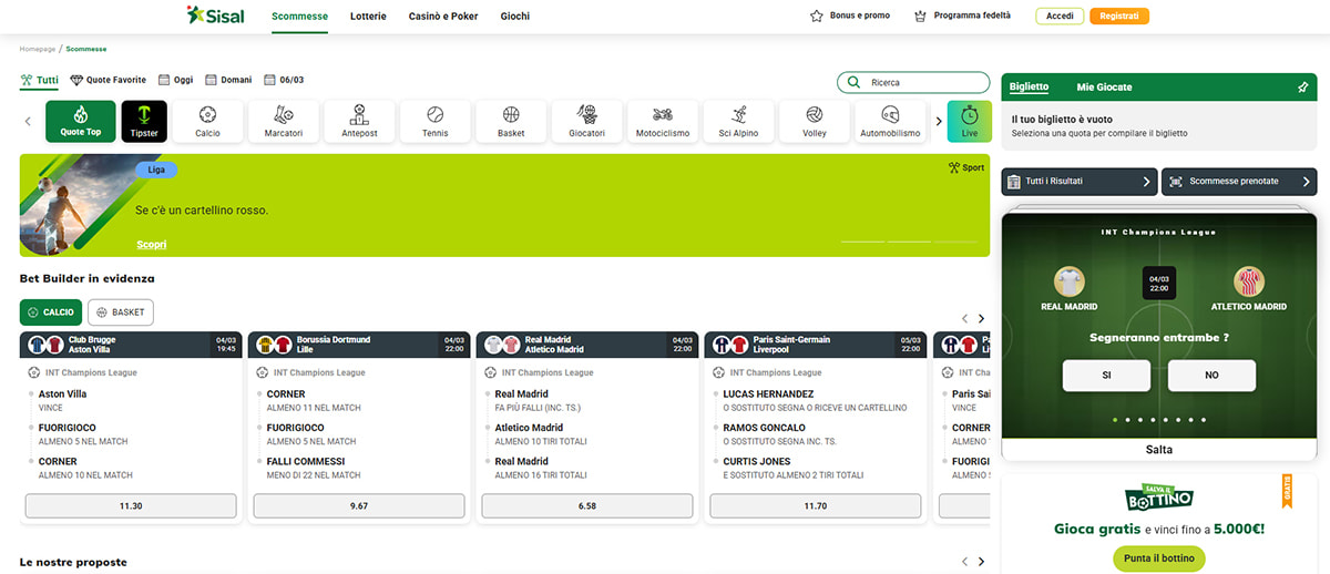 L’homepage della sezione sport di Sisal