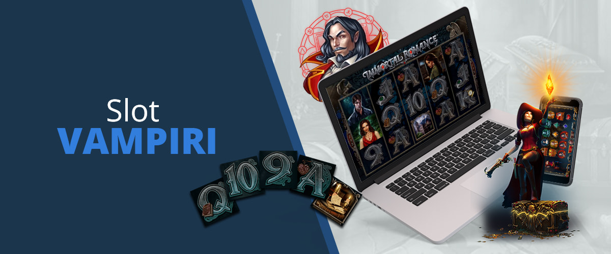 Slot vampiri online con luna piena, pipistrelli e castello gotico in evidenza, sovrapposto al testo Slot Vampiri