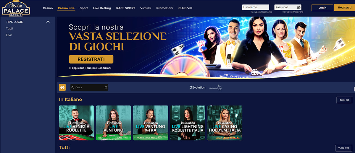 Una panoramica dei giochi del casinò live di Spin Palace