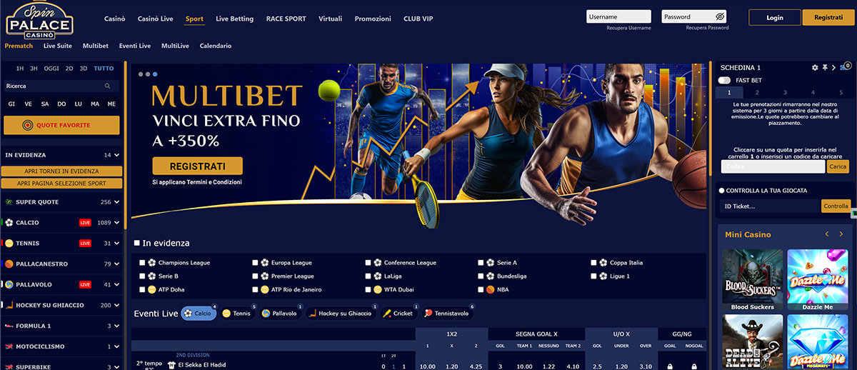 L’homepage della sezione sport di Spin Palace