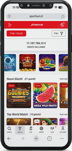 La homepage di Sportium da mobile con i giochi da casinò.