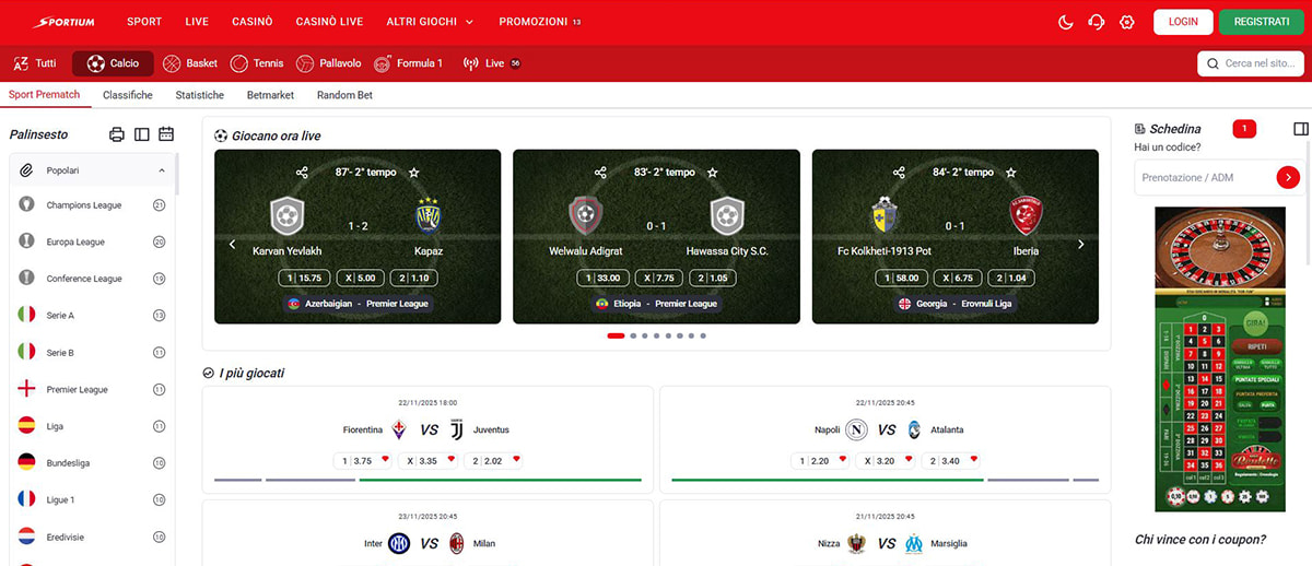 L’homepage della sezione sport di Sportium