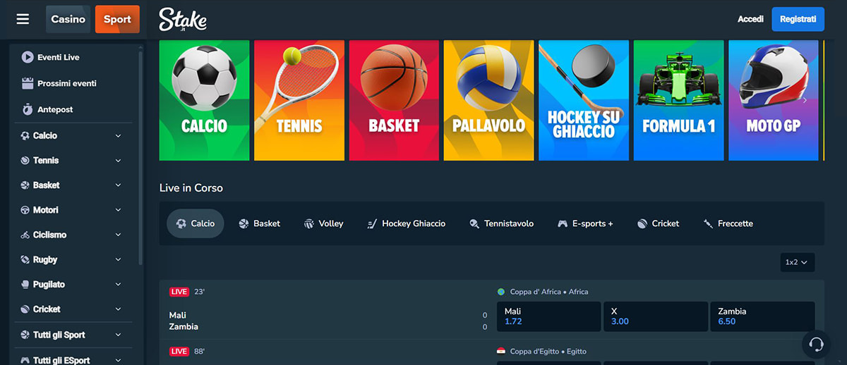 L’homepage della sezione sport di Stake