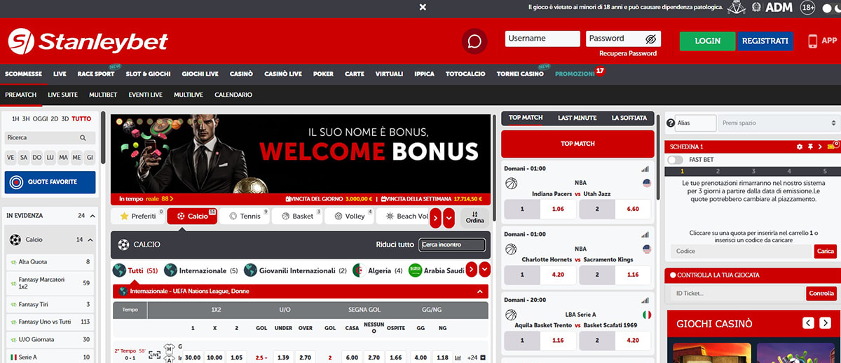 L’homepage della sezione sport di Stanleybet