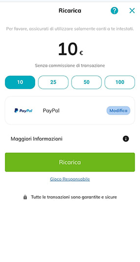pagina di deposito con PayPal di StarCasinò