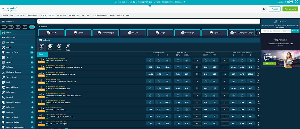 L’homepage della sezione sport di StarCasinò