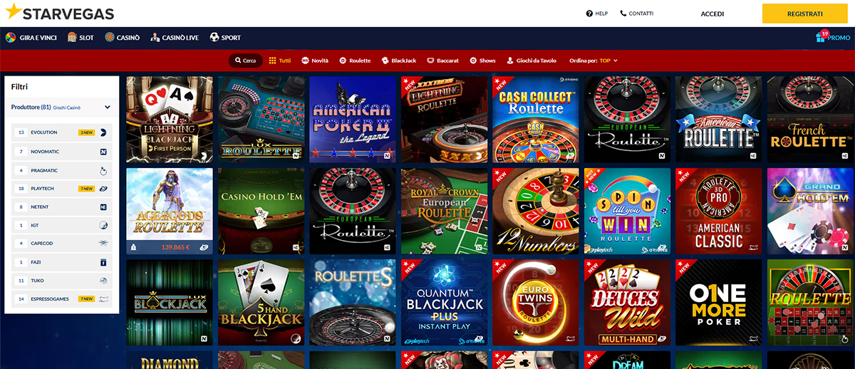 Una panoramica degli altri giochi di StarVegas