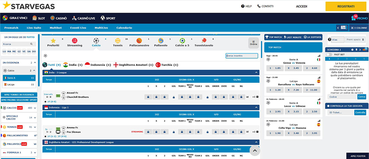 L’homepage della sezione sport di StarVegas