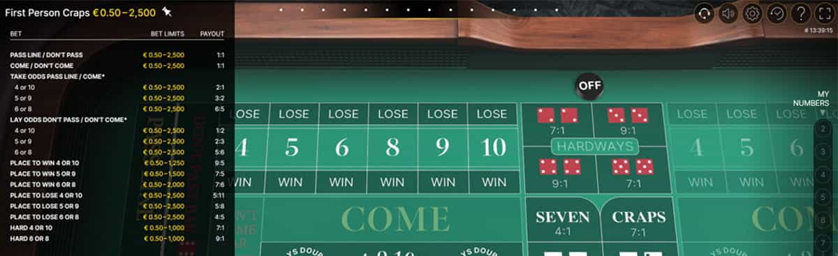 La tabella con i limiti di puntata di un tavolo di craps First Person