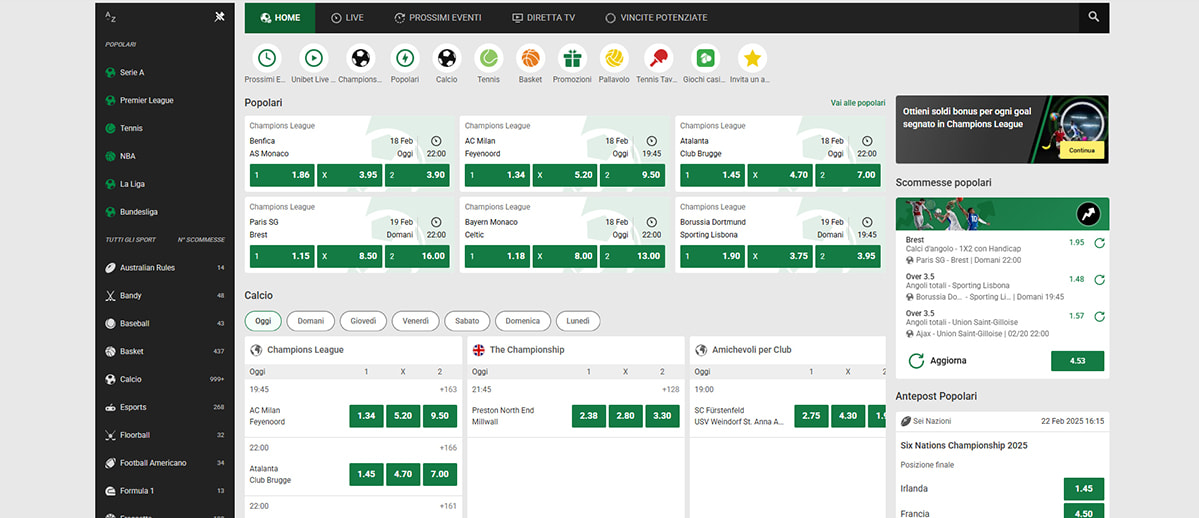 L’homepage della sezione sport di Unibet