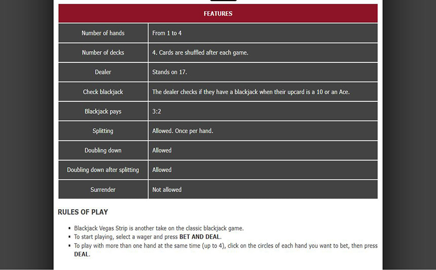 Le regole del gioco Vegas Strip Blackjack.