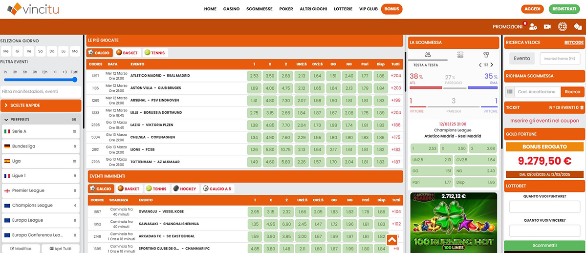 L’homepage della sezione sport di VinciTu