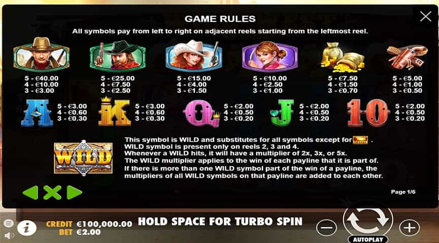 La tabella dei pagamenti della slot Wild West Gold