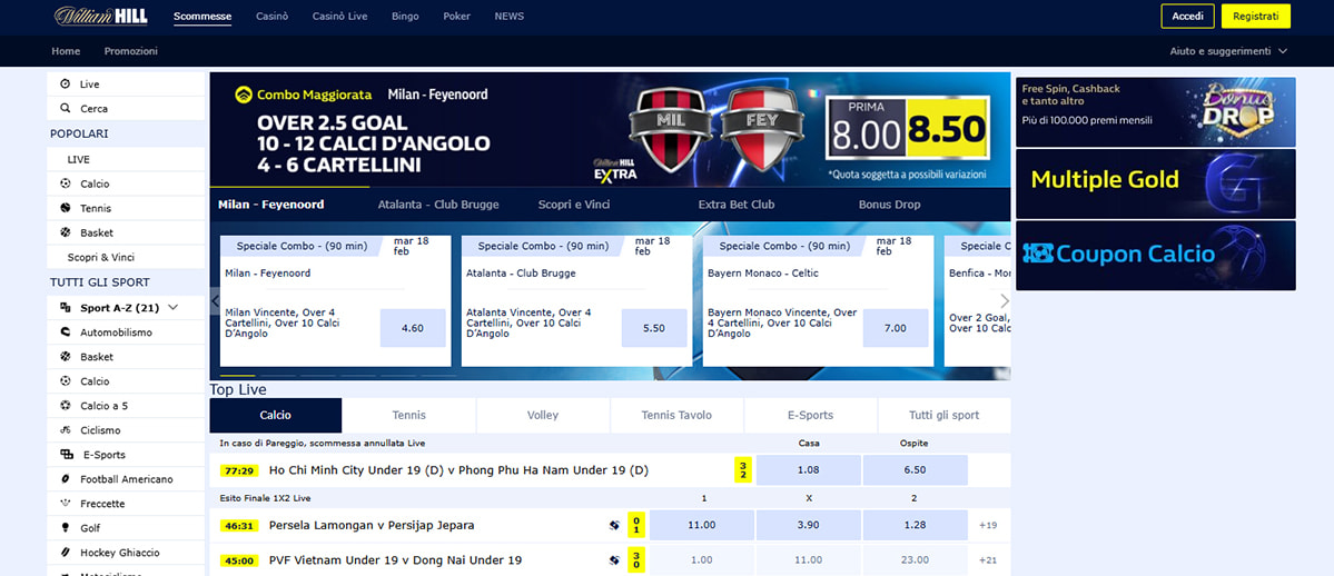 L’homepage della sezione sport di William Hill
