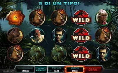 Attivazione di 5 di un tipo sulla slot Jurassic Park di Microgaming.