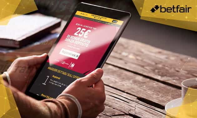 Un tablet con l'app mobile del casinò Betfair e il logo dell'azienda.