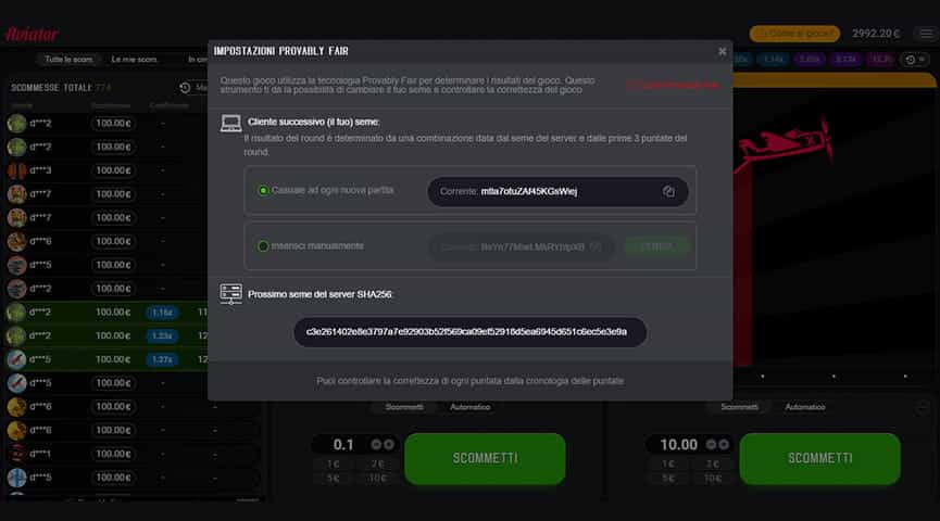 La tabella impostazioni del sistema Provably Fair presente sulla slot Aviator