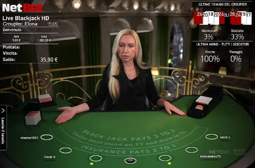 Un tavolo blackjack live NetEnt con croupier