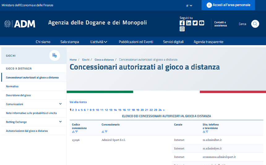 Un dettaglio sulla ricerca di un casinò andata a buon fine sul sito di ADM.