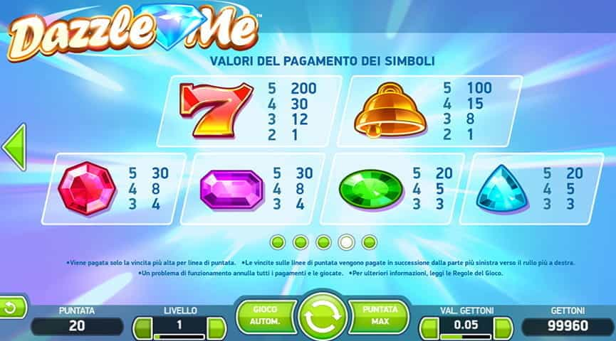 La tabella dei pagamenti della slot Dazzle Me