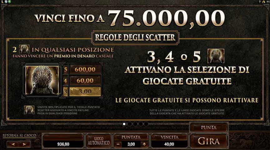 La tabella pagamenti della slot Game of Thrones.