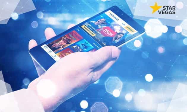 Uno smartphone con il catalogo giochi presenti sul portfolio StarVegas casinò mobile.