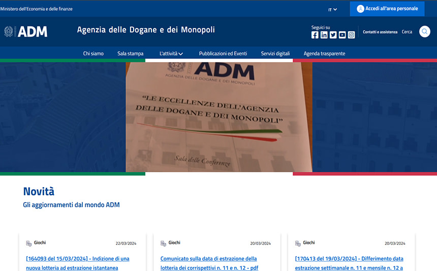 La pagina iniziale del sito dell'ADM.