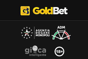 Il logo del casinò GoldBet seguito dai marchi che garantiscono la sua affidabilità.