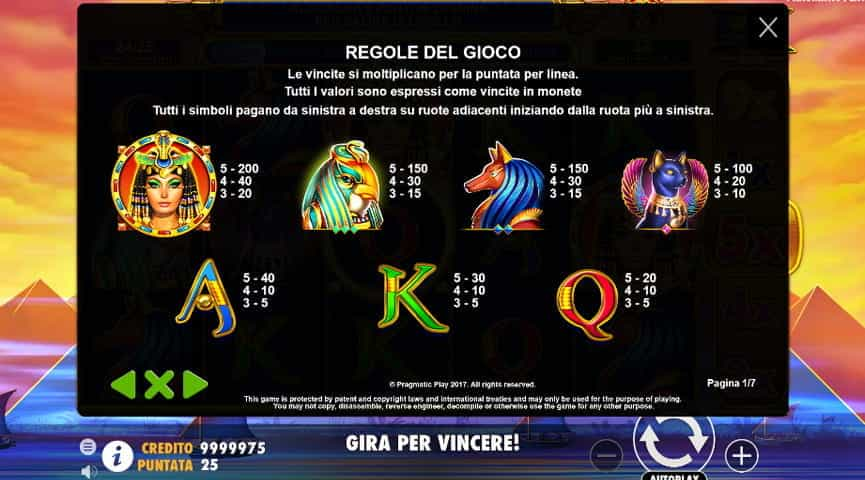 La tabella dei pagamenti della slot Queen of Gold