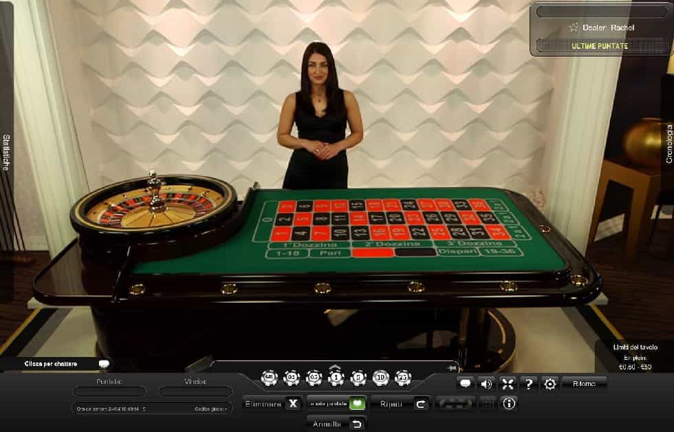 Un tavolo roulette live Playtech con croupier.
