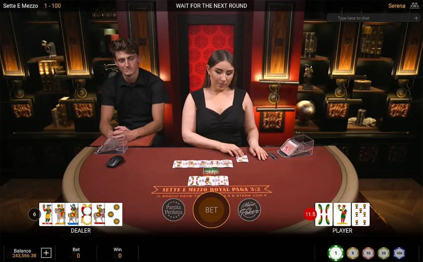 Il tavolo italiano di sette e mezzo live durante la distribuzione delle carte.