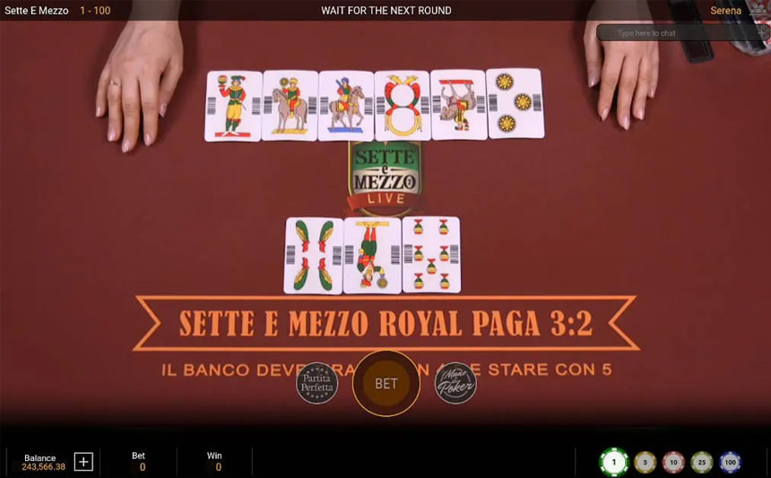 Il tavolo italiano di sette e mezzo live con il risultato della mano.