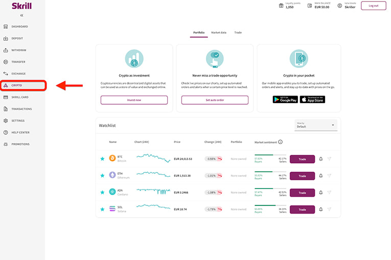 La voce di menù dell'area dedicata alla compravendita delle crypto di Skrill.