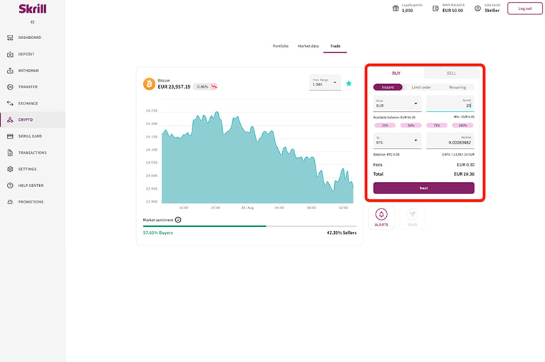 La dashboard della crypto selezionata, con il valore e l'andamento di mercato.