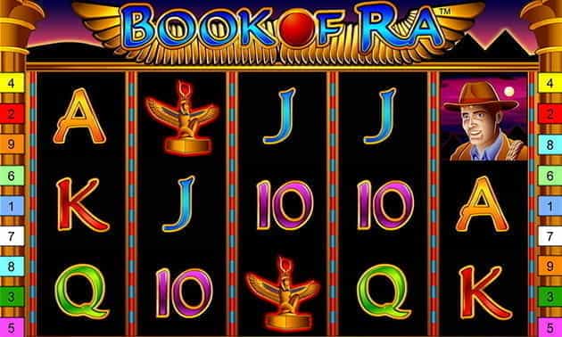 L’interfaccia grafica della slot Book of Ra di Novomatic.
