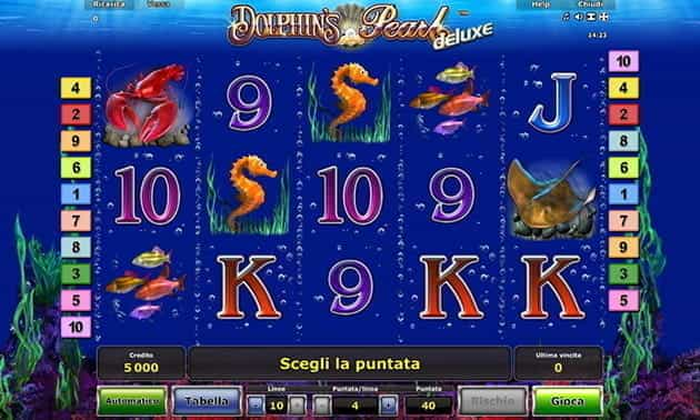 L’interfaccia grafica della slot Dolphin’s Pearl di Novomatic.