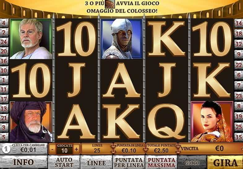 L’interfaccia in modalità soldi finti della slot Gladiator.